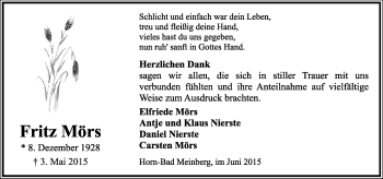 Anzeige  Fritz Mörs  Lippische Landes-Zeitung