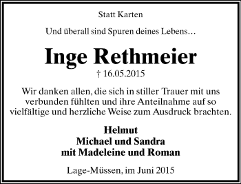 Anzeige  Inge Rethmeier  Lippische Landes-Zeitung