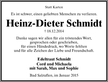 Anzeige  Heinz-Dieter Schmidt  Lippische Landes-Zeitung