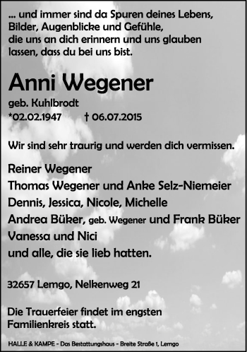 Anzeige  Anni Wegener  Lippische Landes-Zeitung
