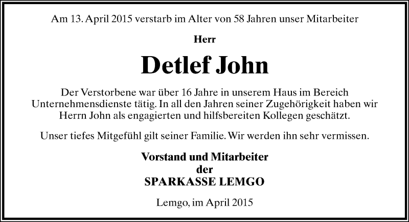  Traueranzeige für Detlef John vom 18.04.2015 aus Lippische Landes-Zeitung