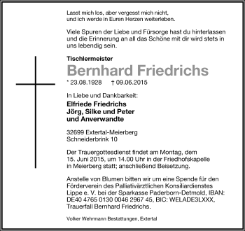 Anzeige  Bernhard Friedrichs  Lippische Landes-Zeitung