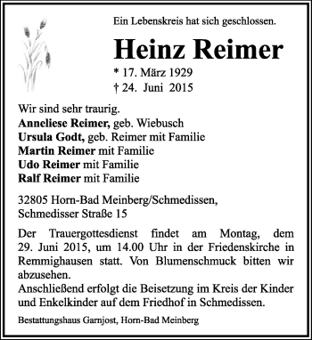Anzeige  Heinz Reimer  Lippische Landes-Zeitung