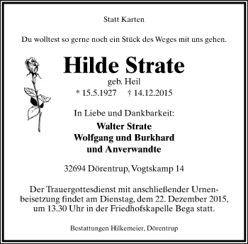 Anzeige  Hilde Strate  Lippische Landes-Zeitung