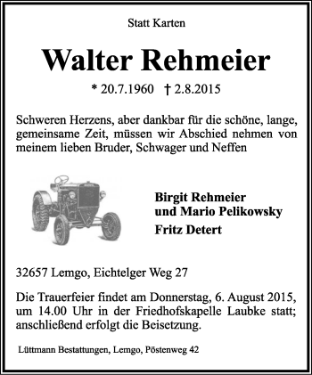 Anzeige  Walter Rehmeier  Lippische Landes-Zeitung