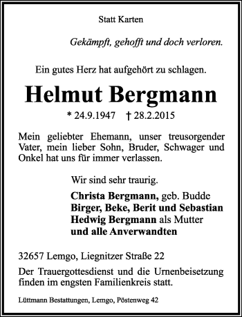 Anzeige  Helmut Bergmann  Lippische Landes-Zeitung
