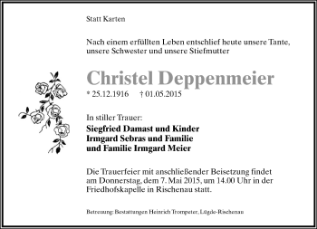 Anzeige  Christel Deppenmeier  Lippische Landes-Zeitung