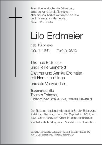 Anzeige  Lilo Erdmeier  Lippische Landes-Zeitung