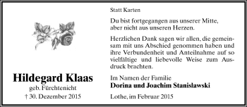 Anzeige  Hildegard Klaas  Lippische Landes-Zeitung