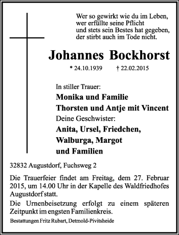 Anzeige  Johannes Bockhorst  Lippische Landes-Zeitung