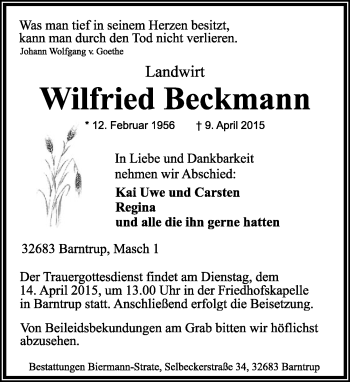 Anzeige  Wilfried Beckmann  Lippische Landes-Zeitung