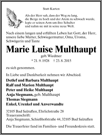 Anzeige  Marie Luise Multhaupt  Lippische Landes-Zeitung