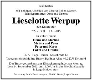 Anzeige  Lieselotte Werpup  Lippische Landes-Zeitung
