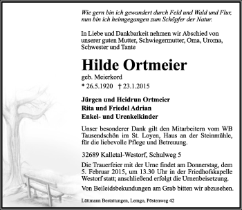 Anzeige  Hilde Ortmeier  Lippische Landes-Zeitung