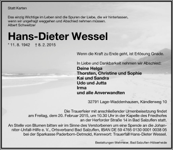 Anzeige  Hans-Dieter Wessel  Lippische Landes-Zeitung