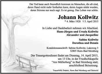 Anzeige  Johann Kollwitz  Lippische Landes-Zeitung