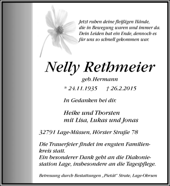 Anzeige  Nelly Rethmeier  Lippische Landes-Zeitung