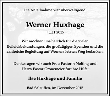 Anzeige  Werner Huxhage  Lippische Landes-Zeitung
