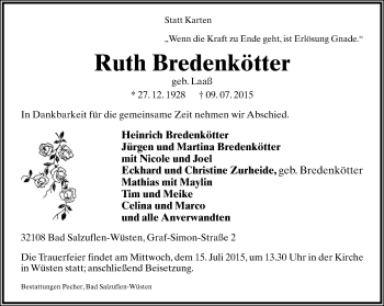 Anzeige  Ruth Bredenkötter  Lippische Landes-Zeitung