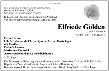 Anzeige  Elfriede Gölden  Lippische Landes-Zeitung