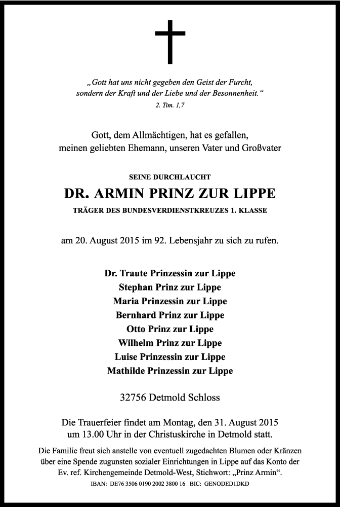  Traueranzeige für Armin Prinz zur Lippe vom 22.08.2015 aus Lippische Landes-Zeitung