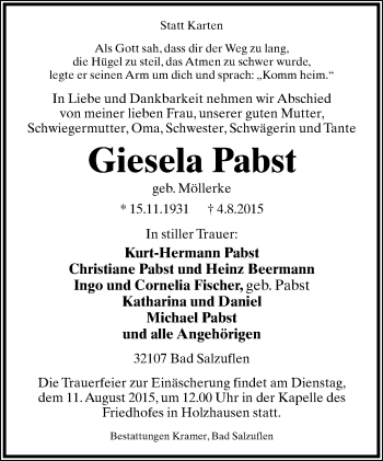 Anzeige  Giesela Pabst  Lippische Landes-Zeitung