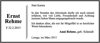 Anzeige  Ernst Rehme  Lippische Landes-Zeitung