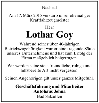 Anzeige  Lothar Goy  Lippische Landes-Zeitung