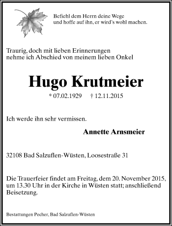 Anzeige  Hugo Krutmeier  Lippische Landes-Zeitung
