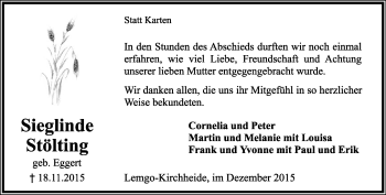 Anzeige  Sieglinde Stölting  Lippische Landes-Zeitung