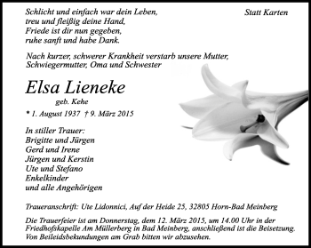 Anzeige  Elsa Lieneke  Lippische Landes-Zeitung