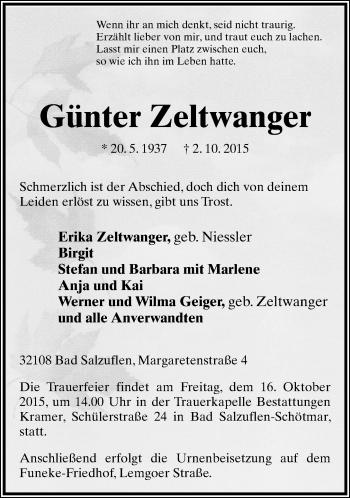 Anzeige  Günter Zeltwanger  Lippische Landes-Zeitung