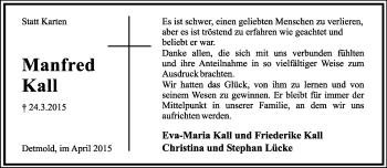 Anzeige  Manfred Kall  Lippische Landes-Zeitung