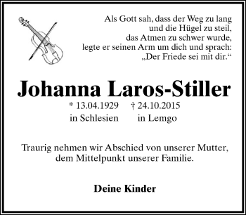 Anzeige  Johanna Laros-Stiller  Lippische Landes-Zeitung