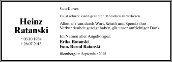 Anzeige  Heinz Ratanski  Lippische Landes-Zeitung