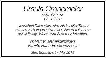 Anzeige  Ursula Gronemeier  Lippische Landes-Zeitung