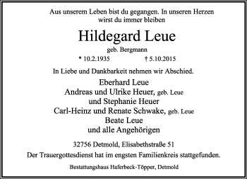 Anzeige  Hildegard Leue  Lippische Landes-Zeitung