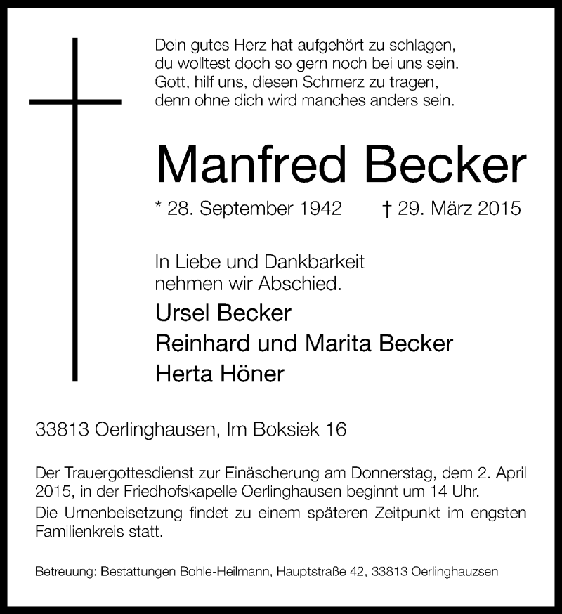  Traueranzeige für Manfred Becker vom 31.03.2015 aus Lippische Landes-Zeitung