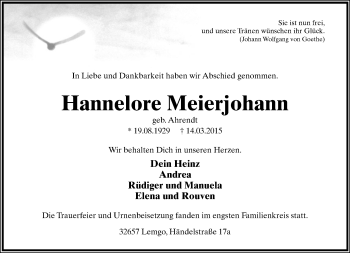 Anzeige  Hannelore Meierjohann  Lippische Landes-Zeitung