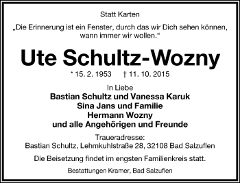 Anzeige  Ute Schultz-Wozny  Lippische Landes-Zeitung