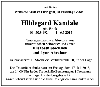 Anzeige  Hildegard Kandale  Lippische Landes-Zeitung