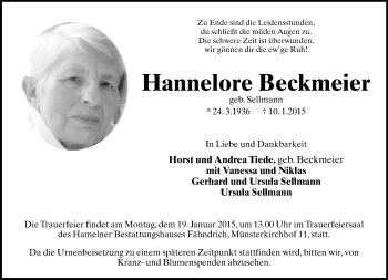 Anzeige  Hannelore Beckmeier  Lippische Landes-Zeitung