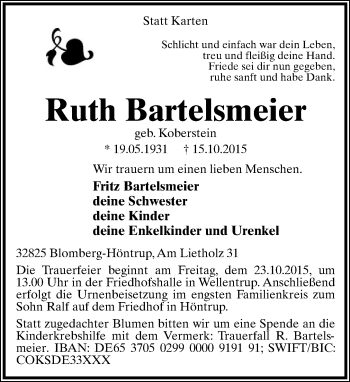 Anzeige  Ruth Bartelsmeier  Lippische Landes-Zeitung