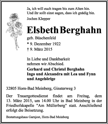 Anzeige  Elsbeth Berghahn  Lippische Landes-Zeitung