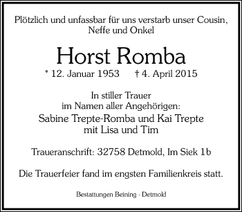 Anzeige  Horst Romba  Lippische Landes-Zeitung
