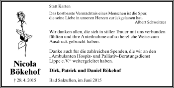 Anzeige  Nicola Bökehof  Lippische Landes-Zeitung