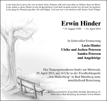 Anzeige  Erwin Hinder  Lippische Landes-Zeitung