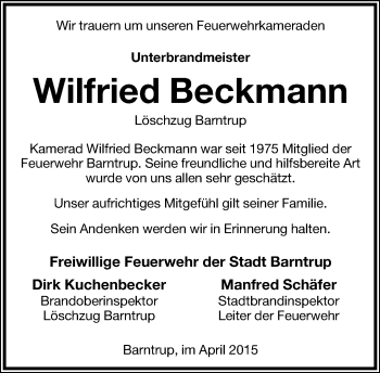 Anzeige  Wilfried Beckmann  Lippische Landes-Zeitung