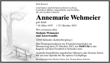 Anzeige  Annemarie Wehmeier  Lippische Landes-Zeitung