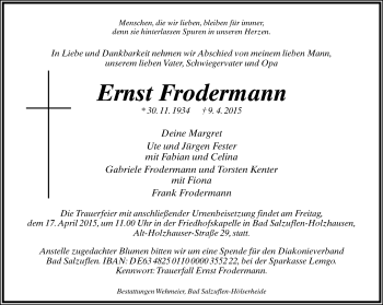 Anzeige  Ernst Frodermann  Lippische Landes-Zeitung
